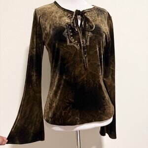 VTG Y2K Crushed Velvet Flare Sleeve Top M Brown Forest Fairy Grunge Ren Faire